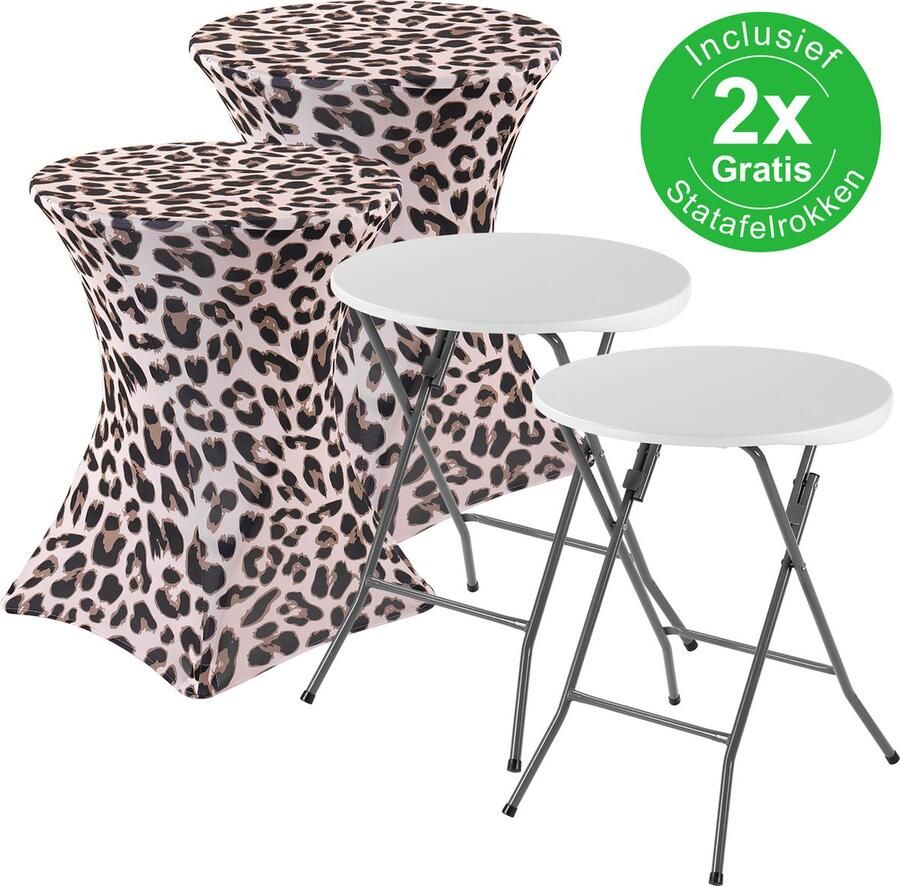Bardi 2 x Statafel klein Salontafel Bijzettafel Inklapbaar 60 x 74cm Wit inclusief Tigerprint Rokken