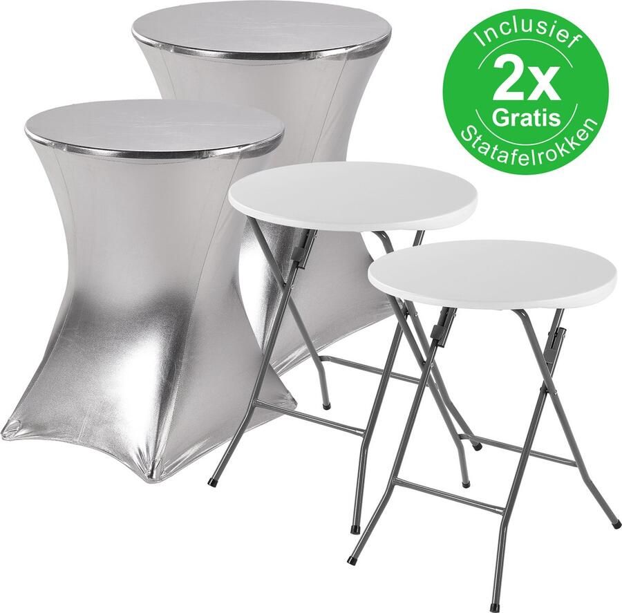 Bardi 2 x Statafel klein Salontafel Bijzettafel Inklapbaar 60 x 74cm Wit inclusief Zilveren Rokken