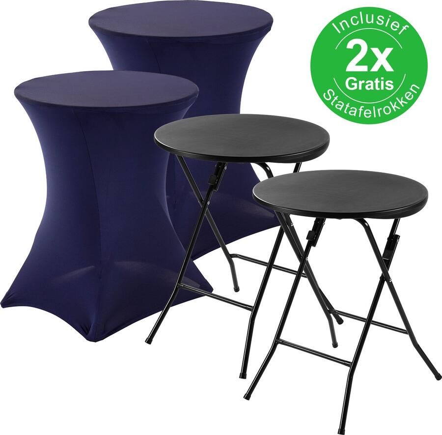 Bardi 2 x Statafel klein Salontafel Bijzettafel Inklapbaar 60 x 74cm Zwart inclusief Donkerblauwe Rokken