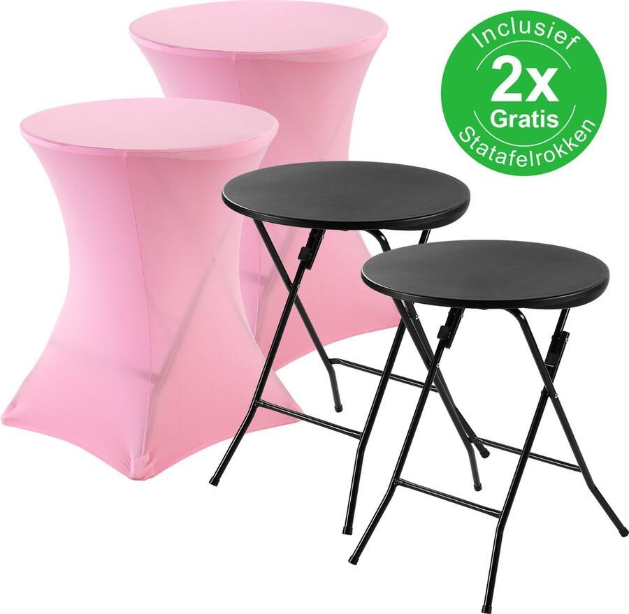 Bardi 2 x Statafel klein Salontafel Bijzettafel Inklapbaar 60 x 74cm Zwart inclusief Roze Rokken