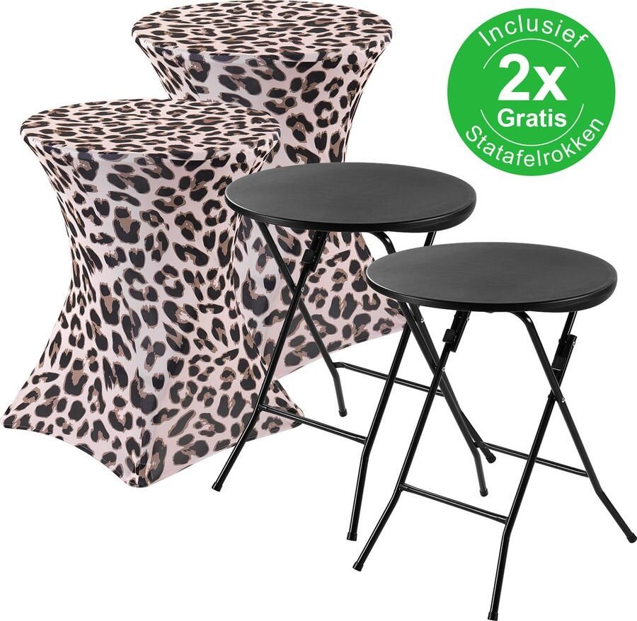 Bardi 2 x Statafel klein Salontafel Bijzettafel Inklapbaar 60 x 74cm Zwart inclusief Tigerprint Rokken