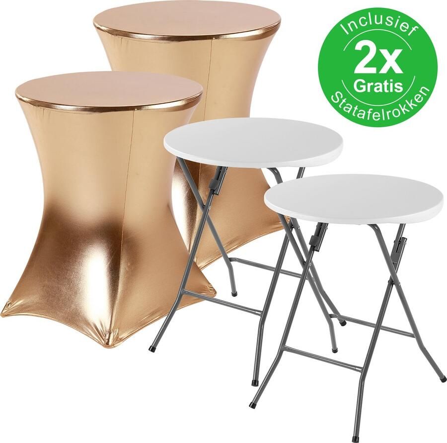 Bardi 2 x Statafel klein Salontafel Bijzettafel Inklapbaar 60 x 74cm Wit inclusief Gouden Rokken