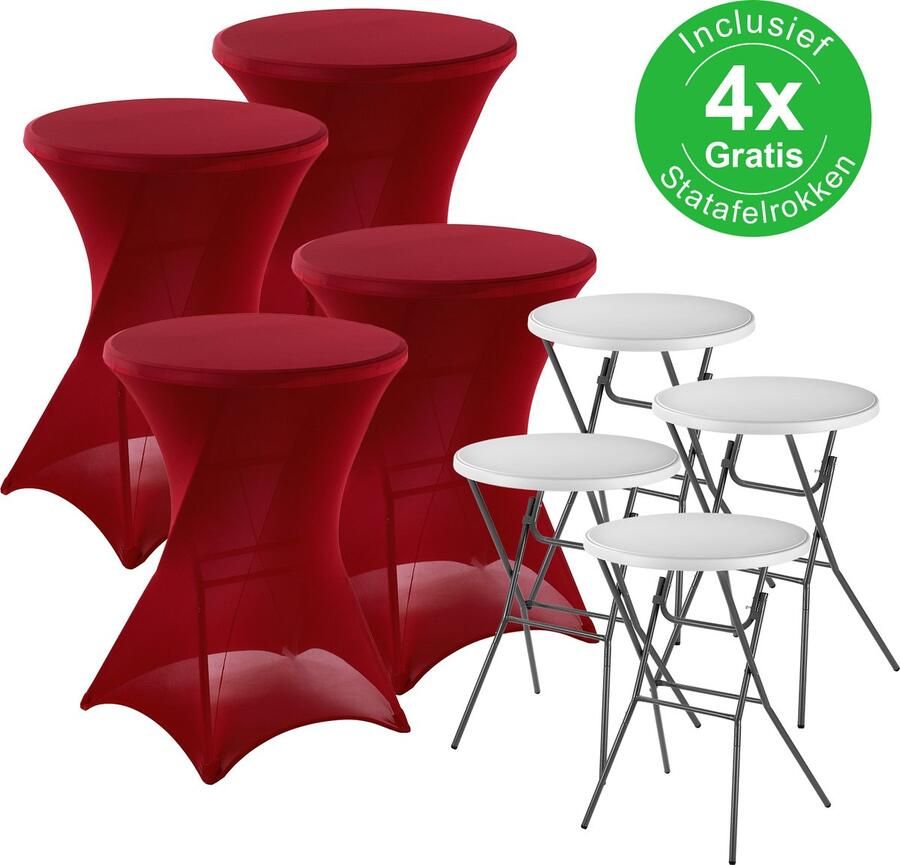 Bardi 4 x Statafel Inklapbaar 80 x 110 cm. Wit inclusief Bordeaux Rode Rokken