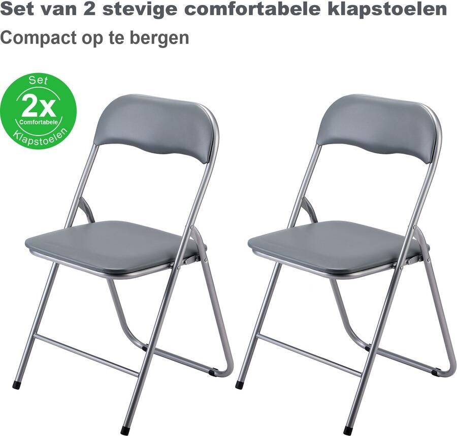 Bardi Set van 2 Klapstoel Vouwstoel Opvouwbare Stoel Comfortabel & Lichtgewicht 100kg draagkracht 43 x 38 x 87 cm PVC Eettafelstoel GRIJS