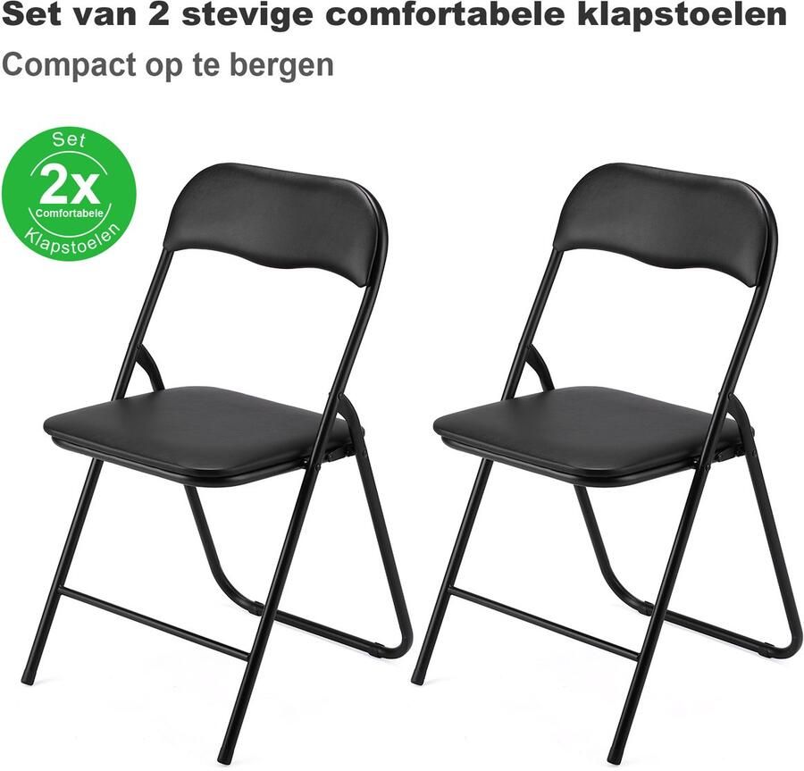 Bardi Set van 2 Klapstoel Vouwstoel Opvouwbare Stoel Comfortabel & Lichtgewicht 100kg draagkracht 43 x 38 x 87 cm PVC Eettafelstoel Zwart