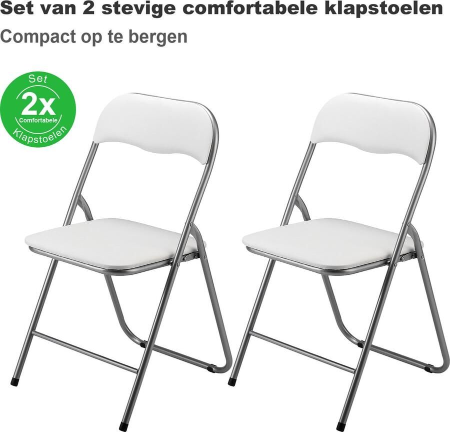 Bardi Set van 2 Klapstoel Vouwstoel Opvouwbare Stoel Comfortabel & Lichtgewicht 100kg draagkracht 43 x 38 x 87 cm PVC Eettafelstoel WIT