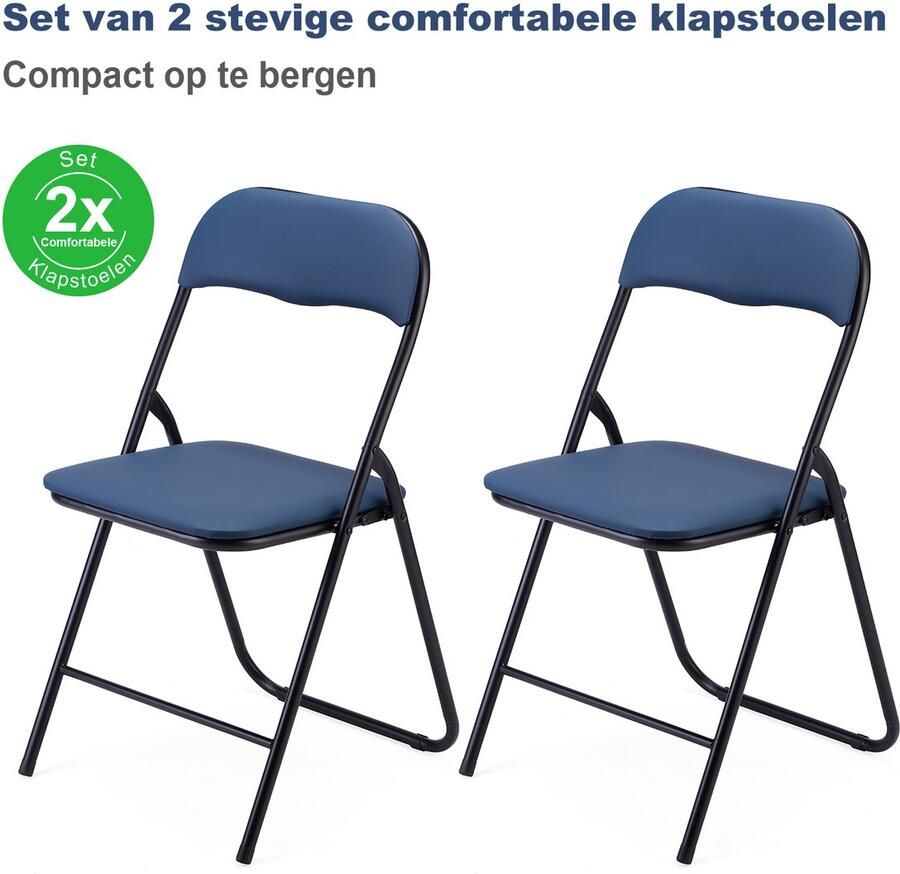 Bardi Set van 2 Klapstoel Vouwstoel Opvouwbare Stoel Comfortabel & Lichtgewicht 100kg draagkracht 43 x 38 x 87 cm PVC Eettafelstoel Blauw