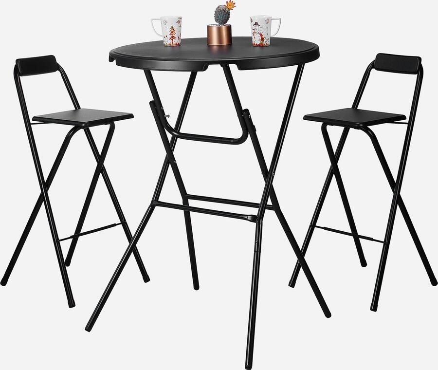 Bardi set van 2 x statafel inklapbaar 80 x 110 cm met 4 x inklapbare barkruk Zwart