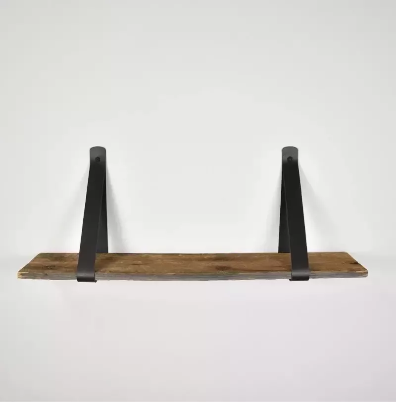 Barnwoodweb Wandplank Barnwood met Lederen Zwarte Plankdragers 100 cm plank Boekenplank met Leren Riemen
