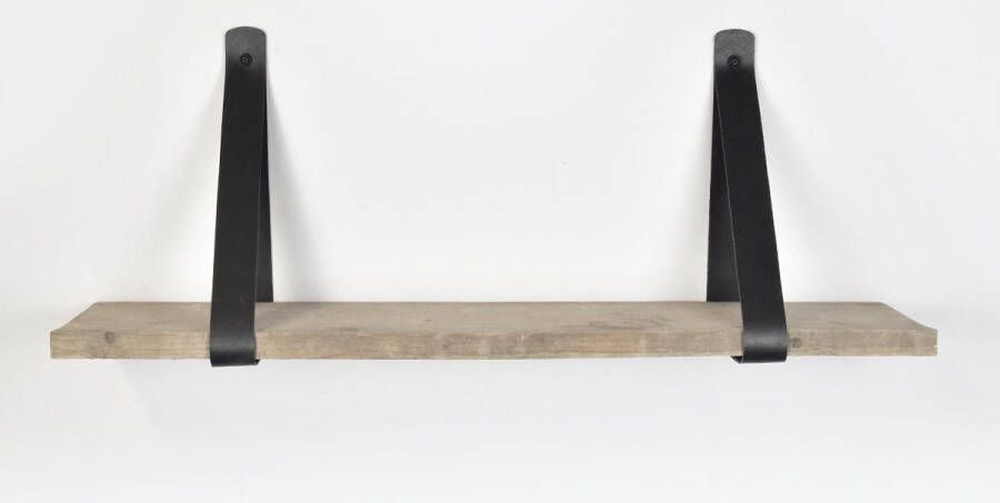 Barnwoodweb Wandplank Oud Steigerhout met Lederen Zwarte Plankdragers 150 cm plank Boekenplank met Leren Riemen