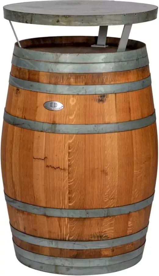 BarrelAtelier Bartafel Wijn 225l. Rioja DeLuxe stalen blad geborsteld geschuurd donker geolied Statafel Eikenhout Wijnvat