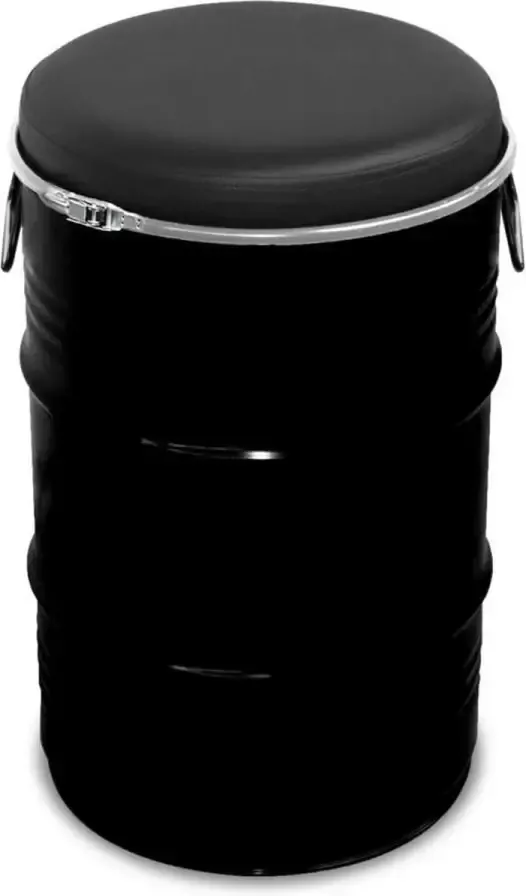 Barrelkings Barrel Seat industrieel metalen kruk| bijzettafel| opberg box 60 Liter retro zwart olievat- vuurton inclusief zachte zitkussen