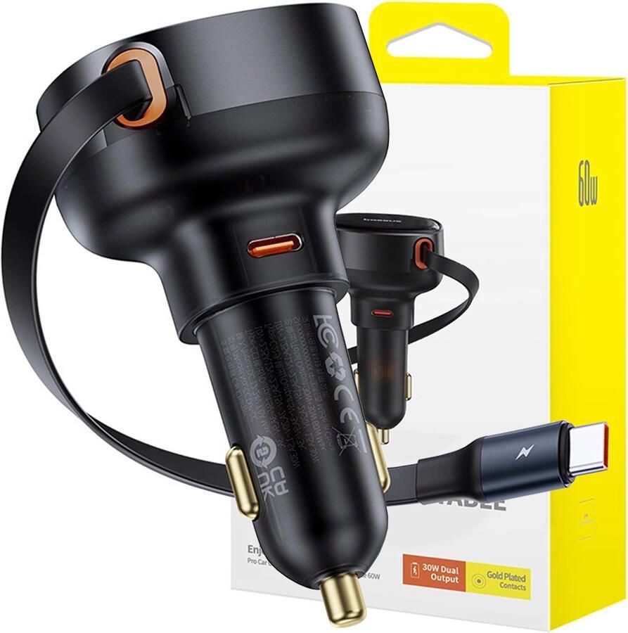 Baseus Enjoyment Pro USB-C (vrouwelijk) USB-C (mannelijk) autolader 60W zwart