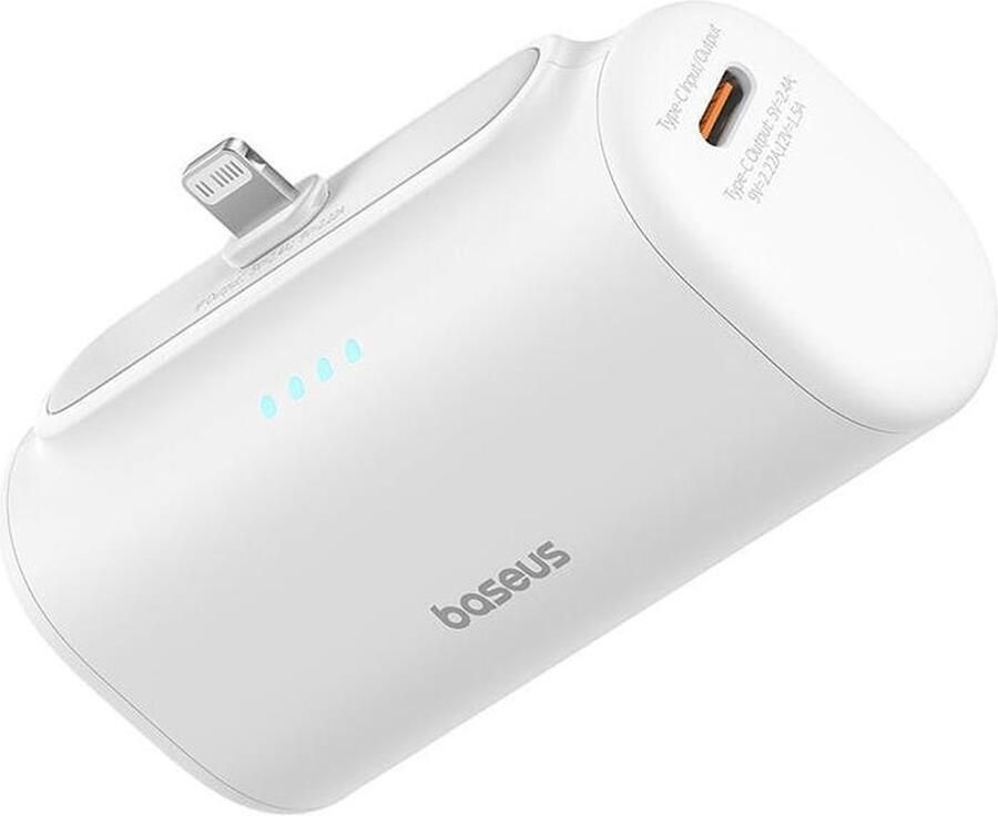 Baseus 5.000 mAh Powerbank Wit Opvouwbare Apple Lightning Connector Met USB-C Poort Compact & Fast Charge Power Delivery 20W