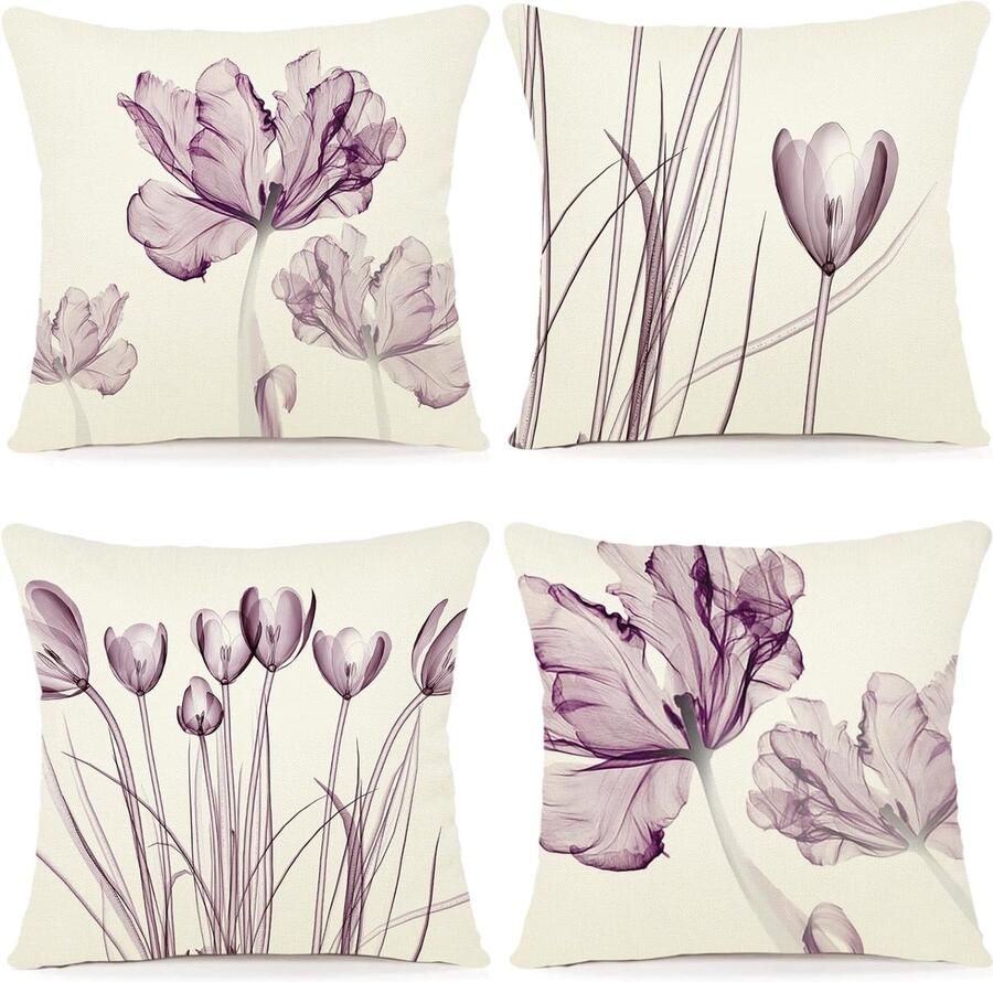 Bastix Bloemen kussensloop 45 x 45 cm set van 4 outdoor kussens sierkussen linnen kussensloop bloemenpatroon aquarelschilderij kussenhoezen voor bank woonkamer sierkussen 45 x 45 cm