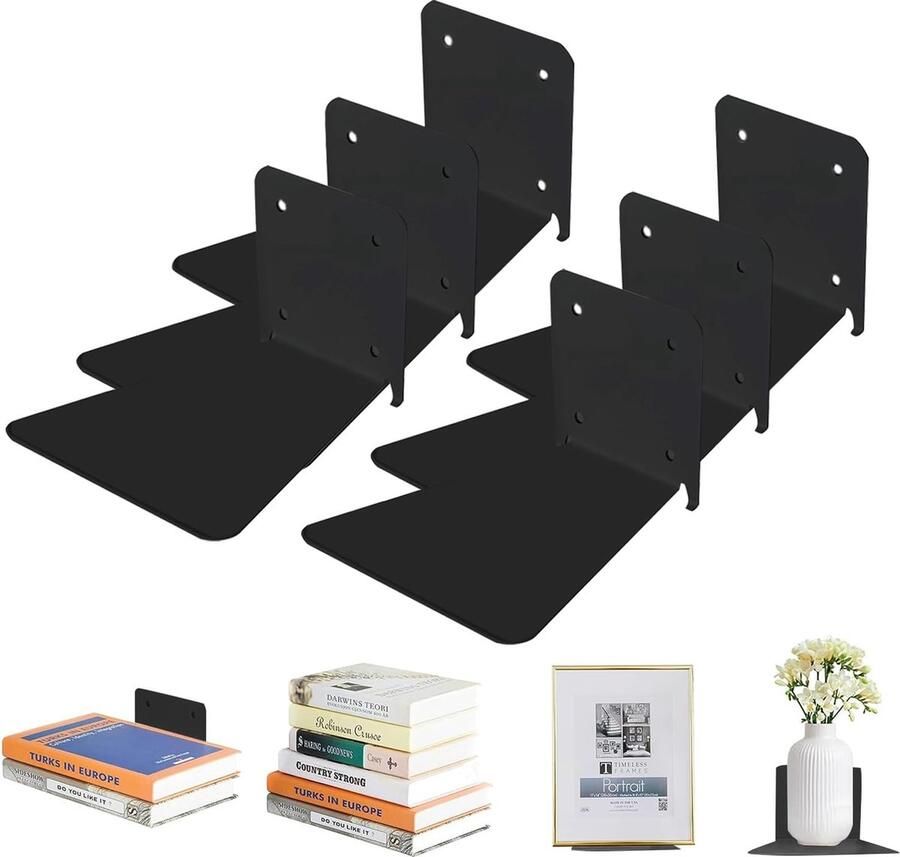 Bastix boekenkast drijvende planken L-rek ijzer onzichtbare wandmontage boekenplanken multifunctionele wandplanken voor thuis kantoor klaslokaal bibliotheek (zwart 6 stuks)