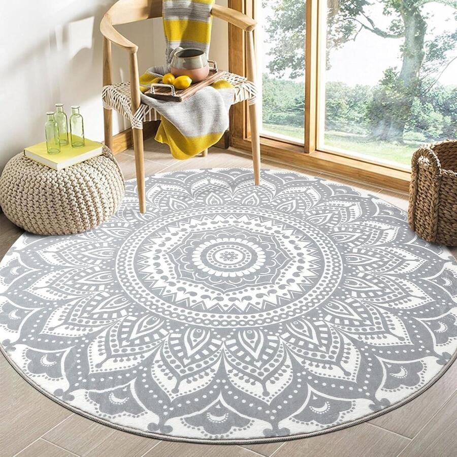 Bastix Boheemse ronde tapijten diameter 135 cm groot antislip woonkamertapijt wasbaar slaapkamermat zachte vloermat tapijten voor kinderkamer woonkamer badkamer decoratie grijs
