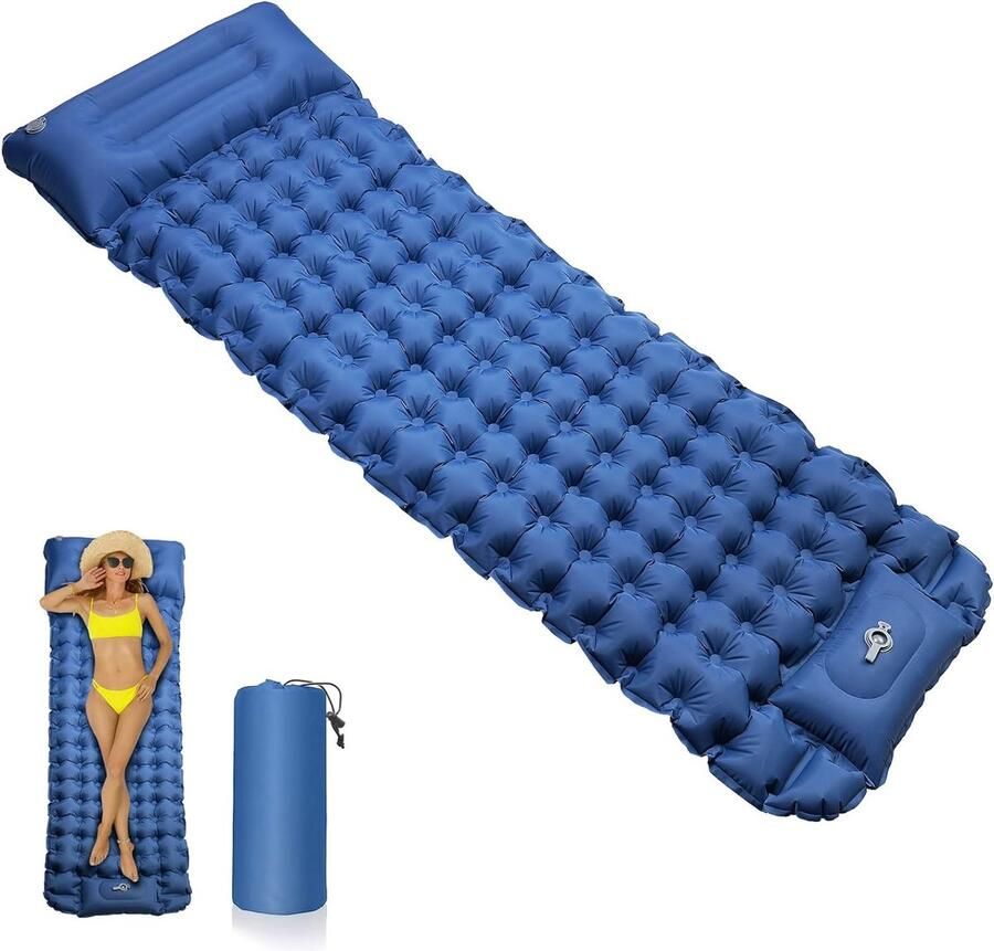 Bastix Donkerblauwe campingmat zelfopblazende campingmat slaapmat luchtmatras met kussen en voetpers voor kamperen wandelen strand reizen