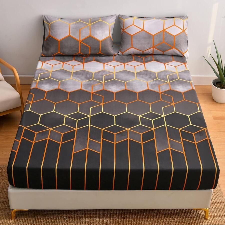 Bastix Hoeslaken 180 x 200 cm grijs antraciet geometrisch patroon microvezel laken gestreept geruit voor matrassen tot 25–30 cm