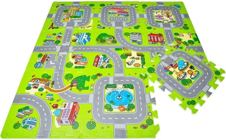 Bastix Hoogwaardige puzzelmat speelstraat speelmat voor kinderen speelmat met wegtrein als kruipmat om te ravotten met leuk straatpatroon speeldeken