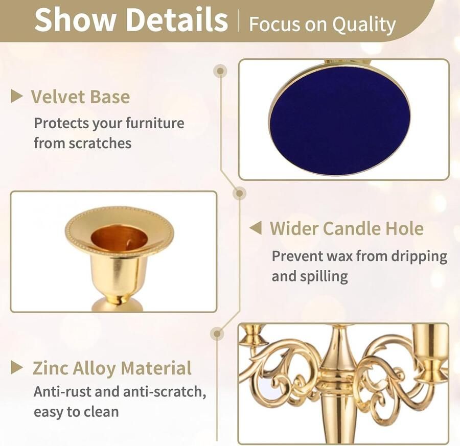 Bastix Kandelaar kaarsenhouder goud 5-armig metalen kaarsenhouder 27 cm hoog conische kaarsenhouder voor bruiloft verjaardagsfeestje eettafel woonkamer open haard kerstdecoratie