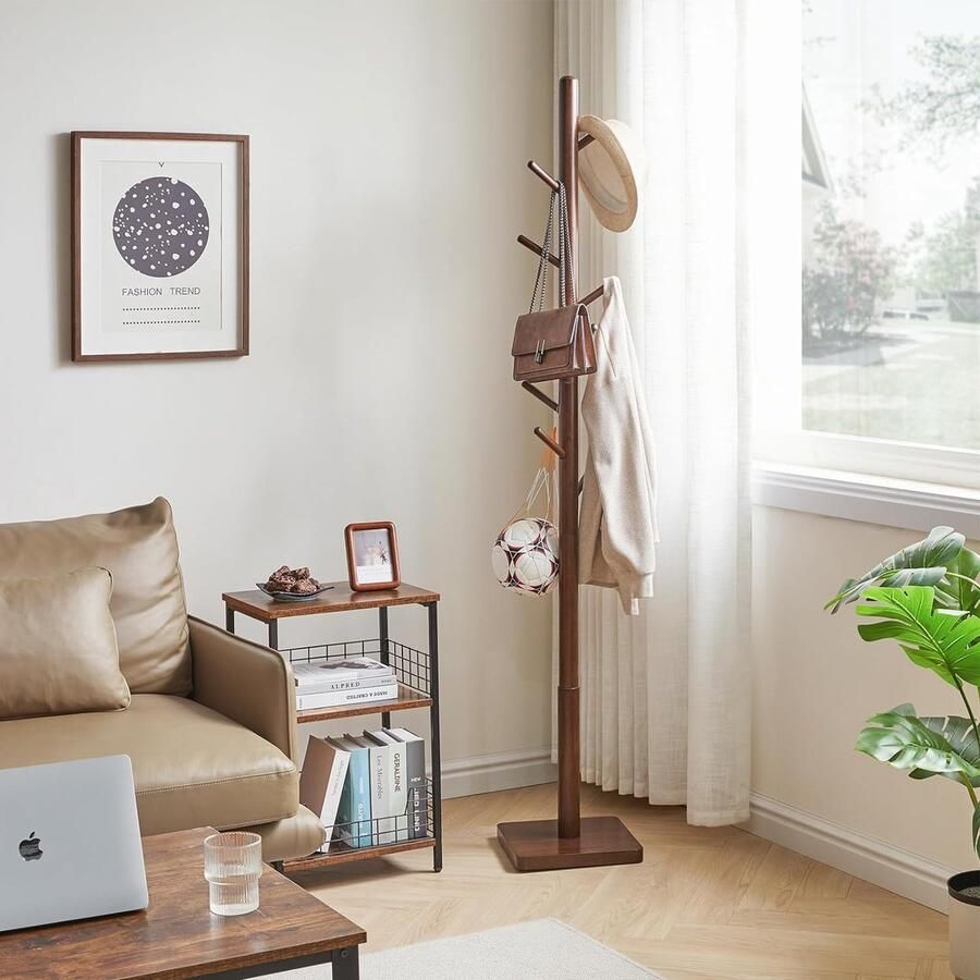 Bastix Kapstok van massief hout vrijstaande kledingstandaard met 8 haken verdikte vierkante basis boomvorm met 3 verstelbare hoogtes voor tas kleding woonkamer bruin