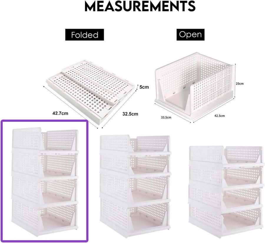 Bastix Kledingkast opbergsysteem. Verpakking met 4 opbergsystemen kledingkast voor kleding. Stapelbare kast organizer. Organizer dozen besparen ruimte. (XL-43x33x25)
