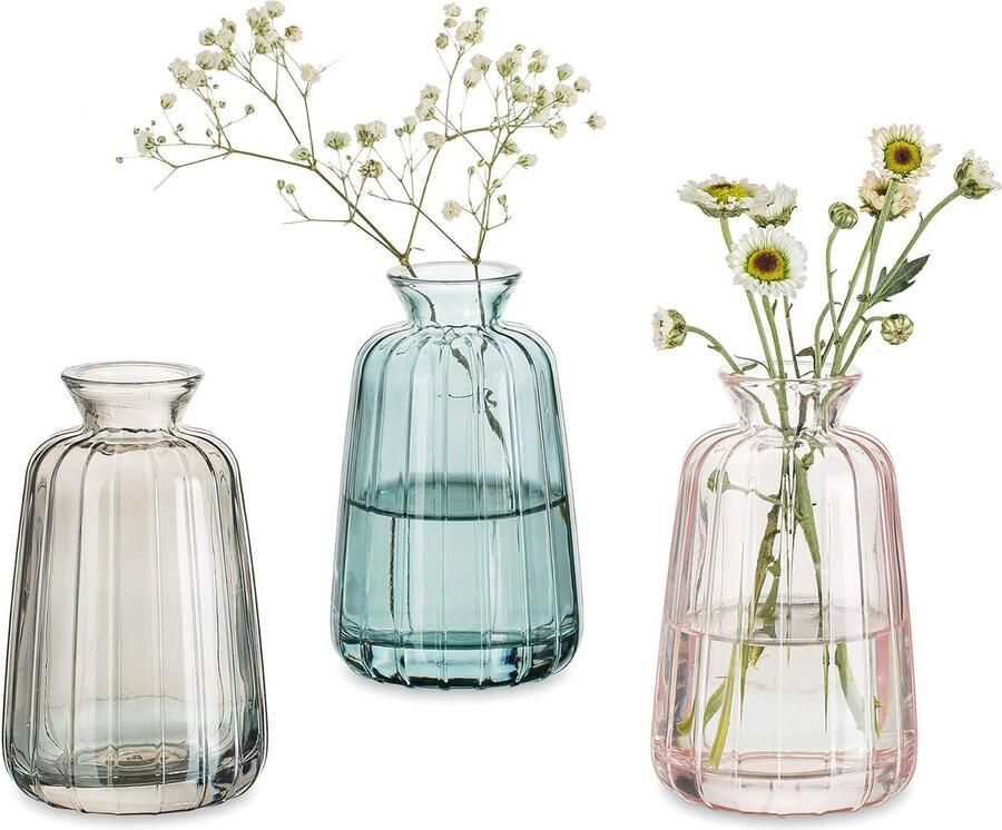 Bastix Kleine vazen bruiloft tafeldecoratie vintage 3-delige mini-vaas glas bloemenvaas moderne set slanke hydrocultuur glazen vaas voor bloemen decoratie bruiloft tafel woonkamer salontafel badkamer groen + grijs + roze