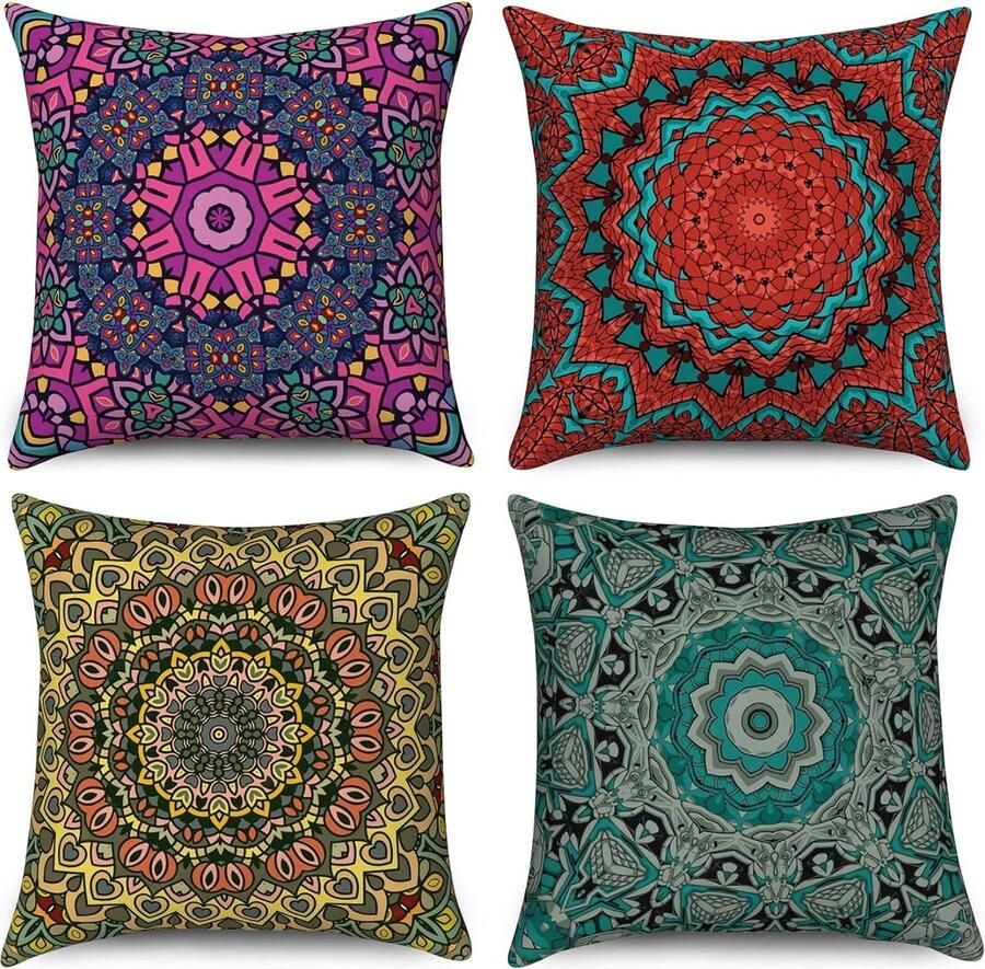 Bastix Kussensloop Boho 45 x 45 cm set van 4 retro bloemen mandala kompas medaillon decoratieve kussenslopen Bohemian hippie kleurrijke linnen kussenhoes voor bank bed tuin outdoor woondecoratie
