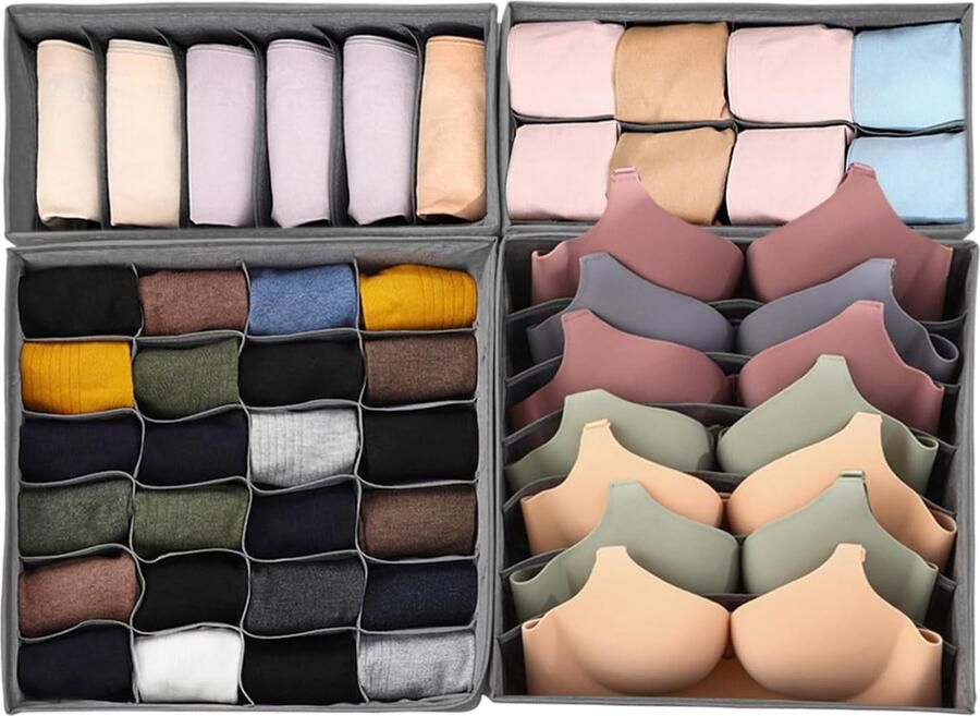 Bastix Lade-opbergsysteem ondergoed-organizer beha-organizer sokken-organizer opvouwbare lade-organizer en opbergdoos 4-delig grijs