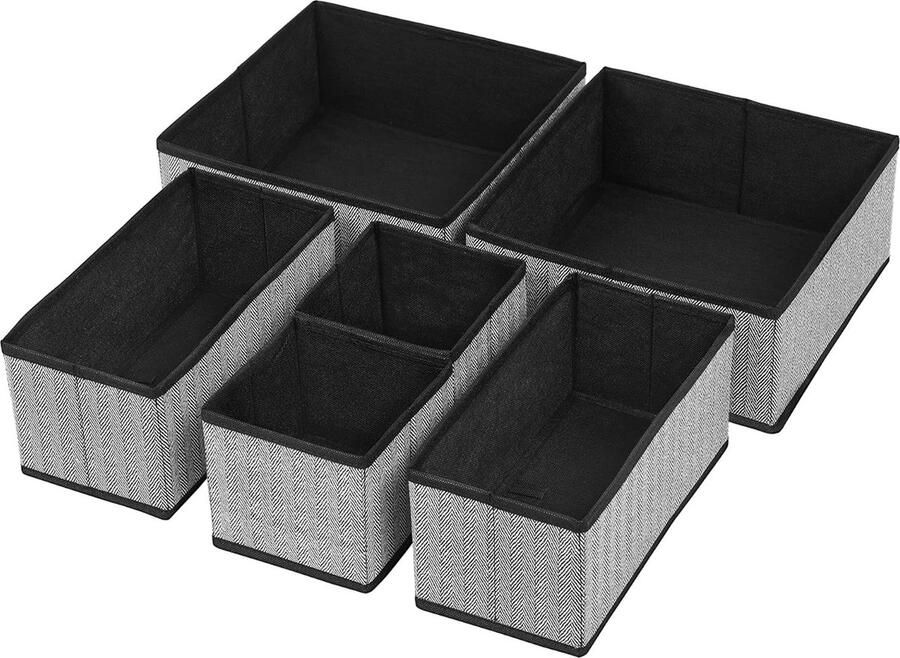 Bastix Opbergdozen voor ondergoed set van 6 lade-organizer stoffen dozen opbergmanden vliesstof in linnenlook sokken stropdassen sjaals zwart