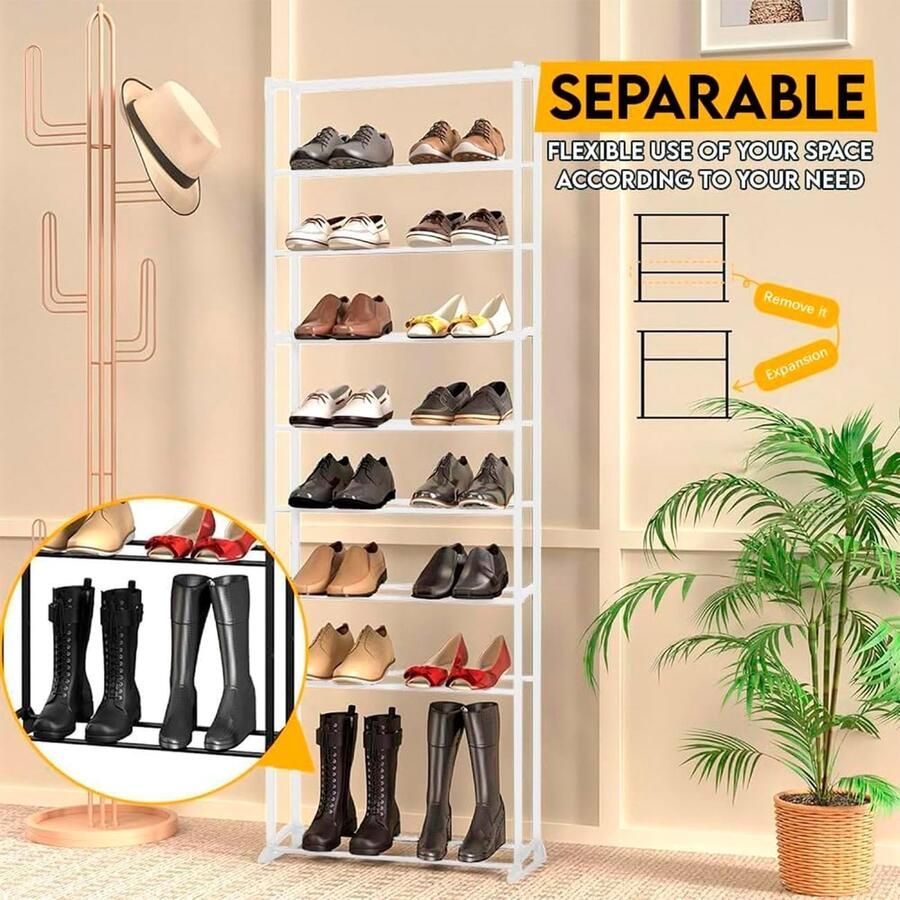 Bastix Opvouwbaar schoenenrek. Stapelbare schoenenorganizer voor opslag met 10 planken tot 30 paar. Smalle schoenenrek Eenvoudige montage met stabiele structuur. (140 x 50 x 16)