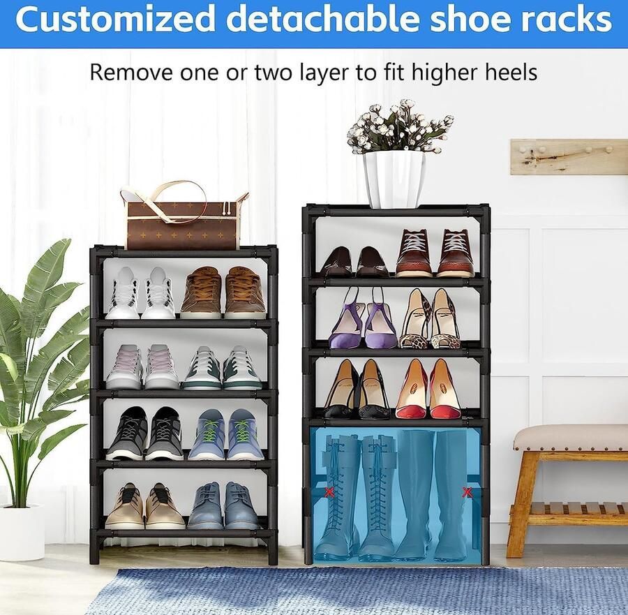 Bastix Schoenenopbergorganisator met 10 niveaus robuuste ruimtebesparende plank hoge schoenenrekken tot 20-25 paar smalle schoenenrekstandaarden voor kledingslaapkamer badkamer hal onder trappen buiten