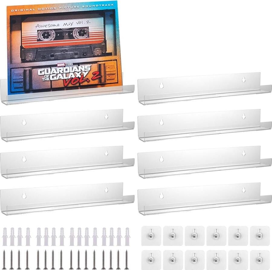 Bastix Set van 8 vinylplaten wandmontage vinylplatenplank 30 5 x 4 3 x 4 3 cm acrylplaatplank wandmontageplaathouder acrylplank en vinylplatenstandaard voor platen (Transparant)