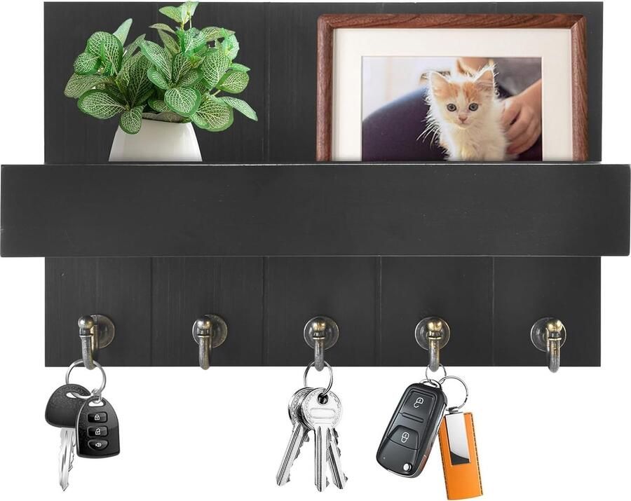 Bastix Sleutelrek met plank decoratieve houten wandplank met 5 sleutelhaken voor entree hal slaapkamer woonkamer zwart