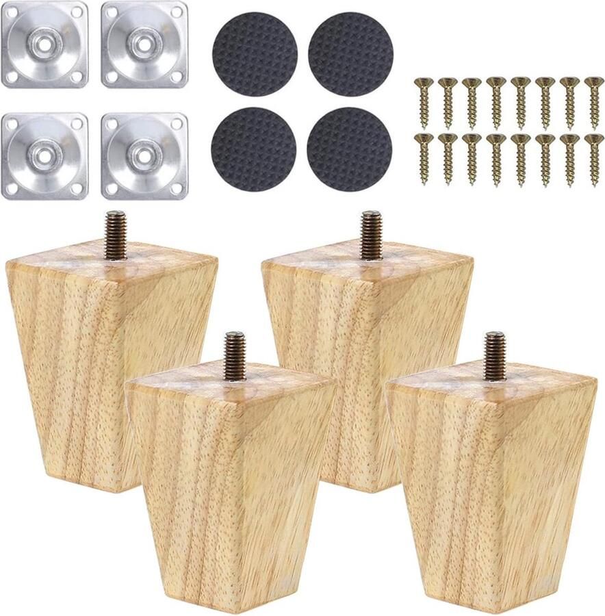 Bastix Sofa reservepoten 4 stuks verpakking meubelpoten van hout tafelpoten van hout met schroeven en viltglijders meubelpoten van hout houtkleur van eiken voor stoelen en bank (60 mm)
