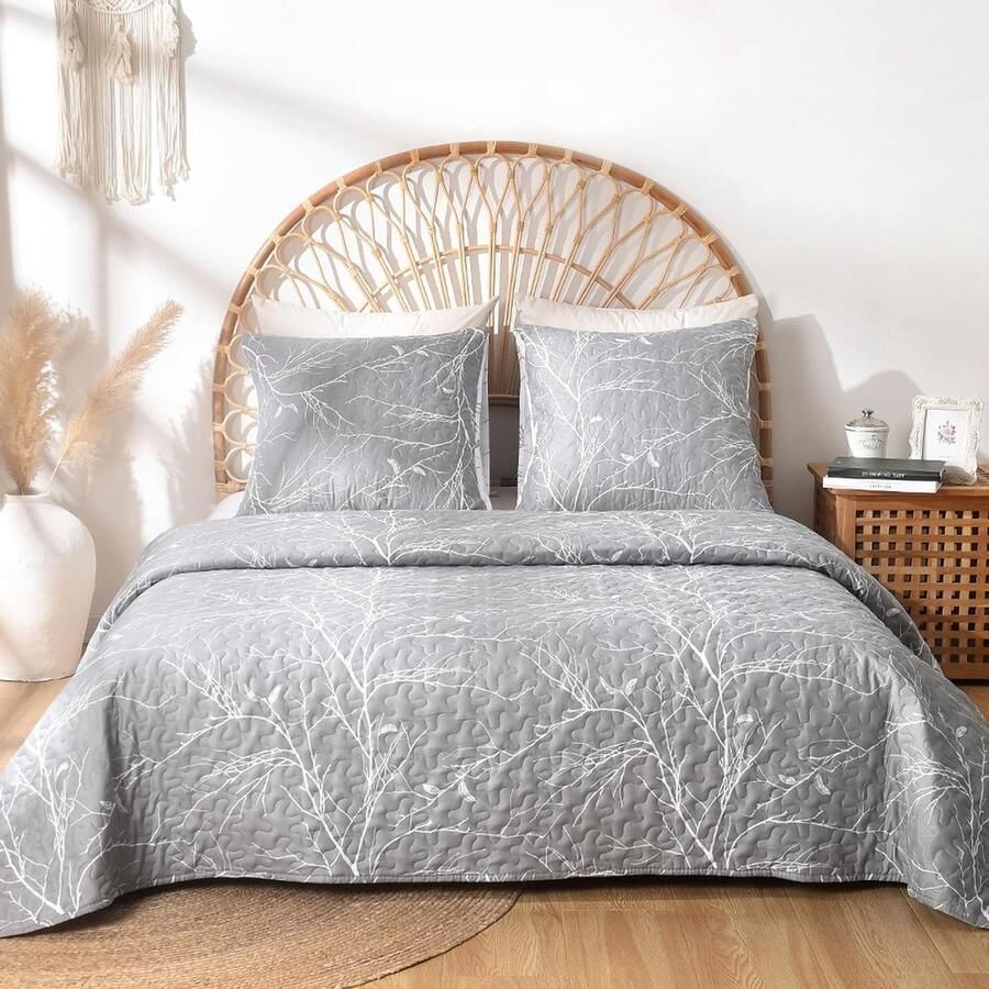 Bastix Sprei 220x240 Sprei in tak- en bladstijl deken 3-delig tweepersoonsbed Gewatteerde sprei Microvezel bankdekensprei met 2 kussenslopen 80x80 voor slaapkamer als banksprei