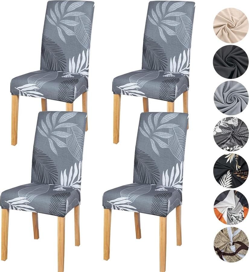 Bastix Stoelhoezen set van 4 of 6 stuks stretch afneembaar wasbaar spandex stoelovertrek stretch universeel voor hotel ceremonie banket restaurant thuis (set van 4 grijze bladeren)