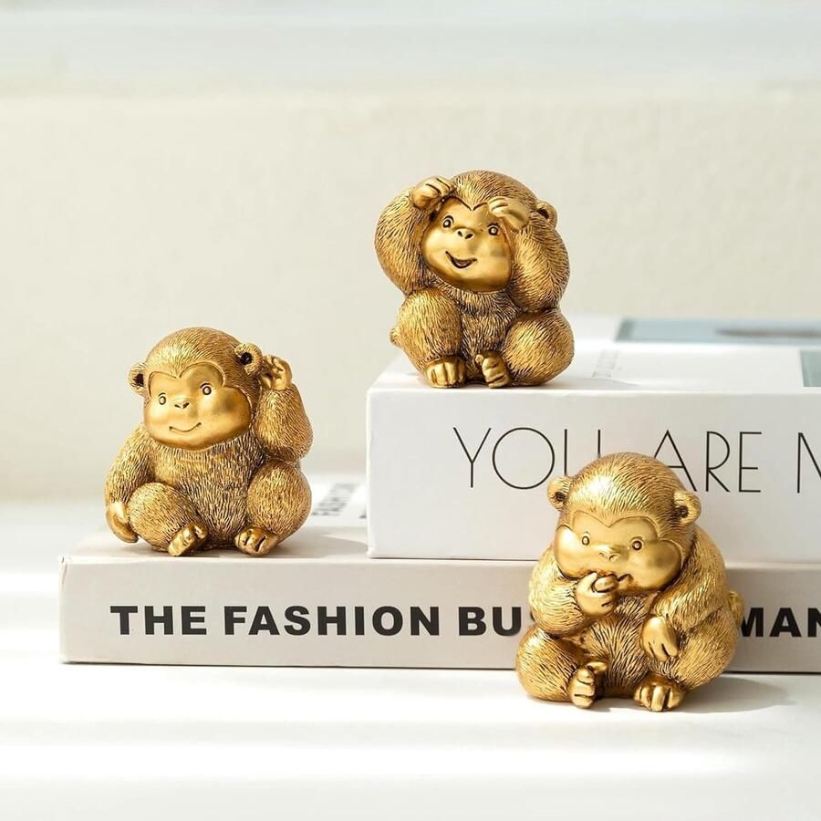 Bastix Wijze apendecoratie aapbeeldje aapdecoratie brengt geluk wijsheid en energie gouden aapcadeau voor je familie decoratie voor woonkamer kantoor boekenkast slaapkamer