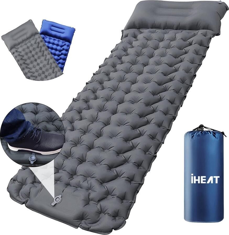 Bastix Zelfopblazende campingslaapmat slaapmat met voetperspomp ultralicht luchtbed met kussen waterdichte compacte slaapmat voor buiten wandelen backpacken kamperen strand