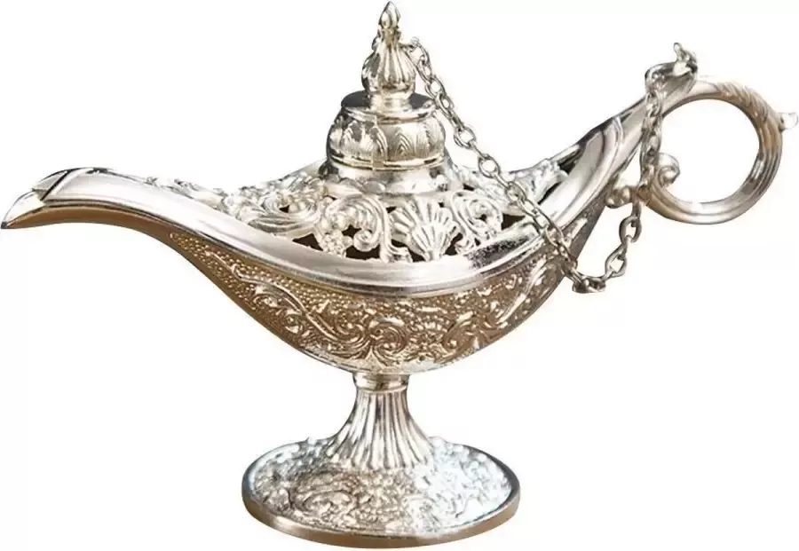 BaykaDecor Antiek Beeldje Aladdin Lamp Heel leuk Geschenk Antieke Uitstraling Sprookjes Genie Magische Lamp Zilver 11 cm