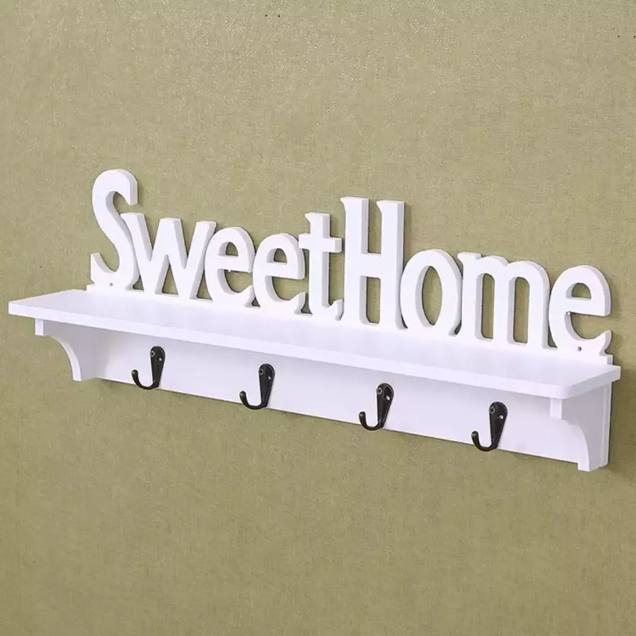 BaykaDecor Houten Sweet Home Kapstok Rek Sleutels Opbergen Handdoek Hanger Slaapkamer Rek Badkamer Wit 47 cm