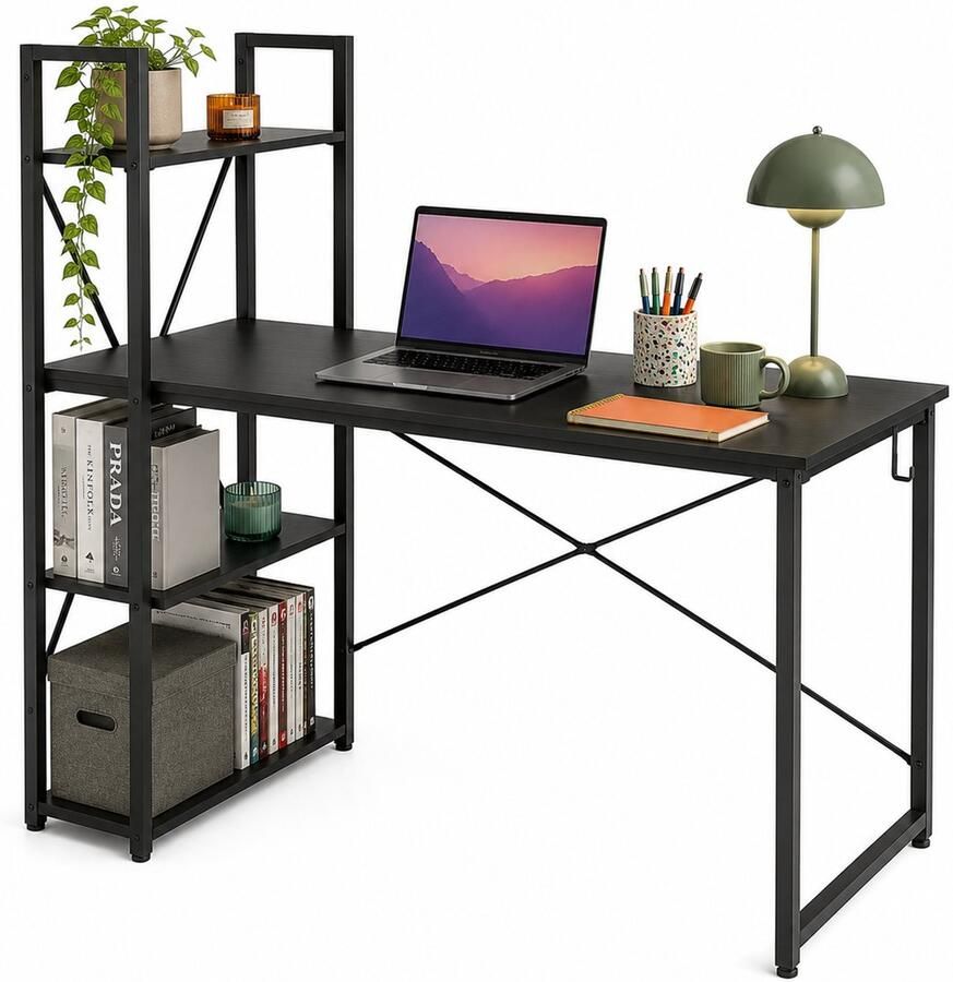 Bayt Bureau Zwart Computerbureau Computer Tafel Bureau Met Plankjes 120x60x75 - Foto 3
