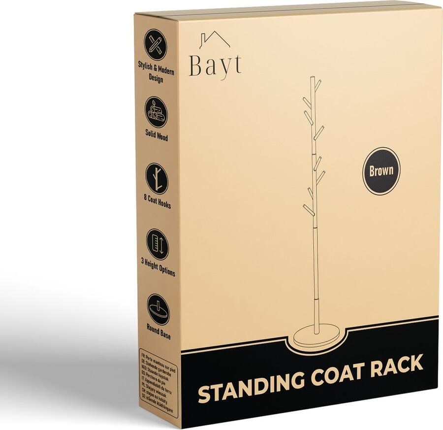 Bayt Kapstok Staande kapstok Hout Kapstok Staand Garderoberek 8 Haken 175 cm Bruin - Foto 3