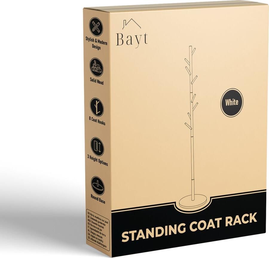 Bayt Kapstok Staande kapstok Hout Kapstok Staand Garderoberek 8 Haken 175 cm Wit - Foto 2