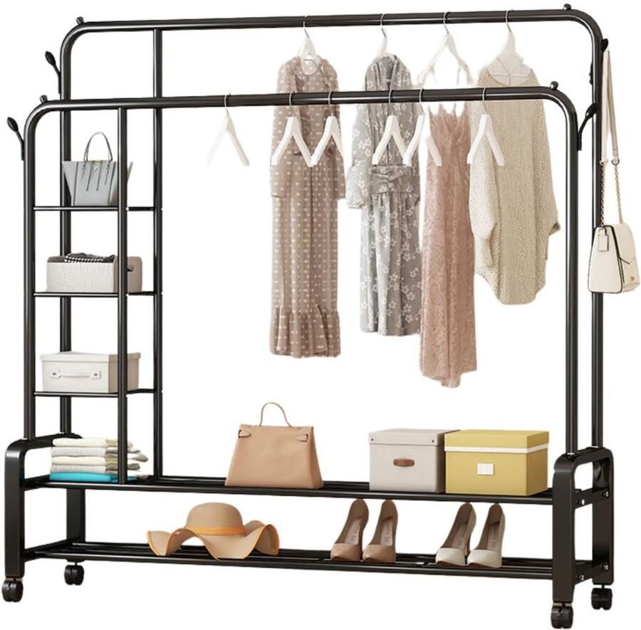 Bayt Kledingrek op wieltjes Kledingrek met Schoenenrek Kledingrek Metaal Garderoberek Zwart Met Opbergvak 150x162x48 cm - Foto 2