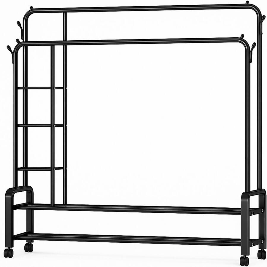 Bayt Kledingrek op wieltjes Kledingrek met Schoenenrek Kledingrek Metaal Garderoberek Zwart Met Opbergvak 150x162x48 cm