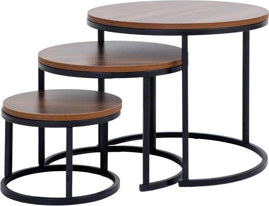 Bayt Salontafel Set Ronde Salon tafel Set 3 stuks Bijzettafel Koffietafel Hout Bruin