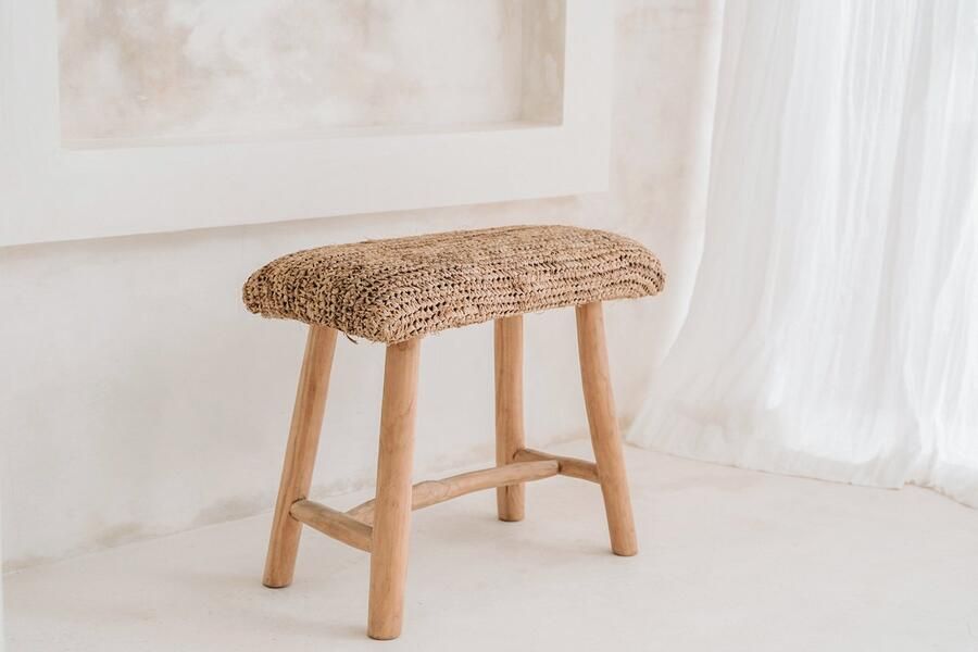 Bazar Bizar Kruk Raffia Teakhout 60cm Naturel