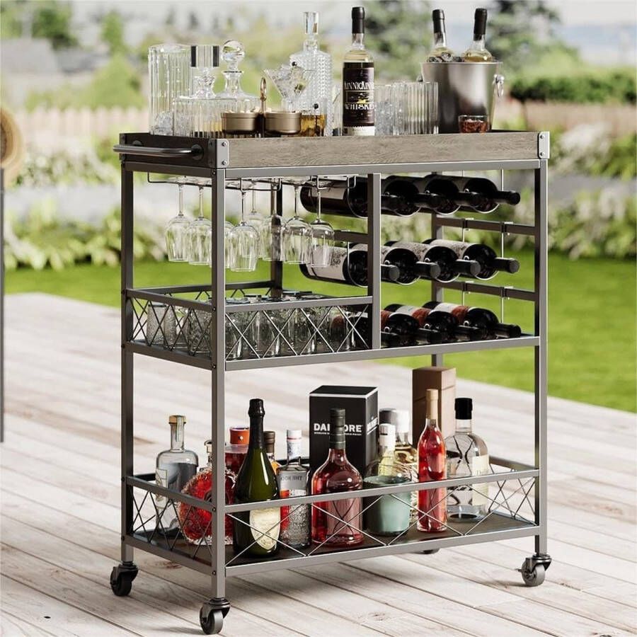 Bealife AK40 Keukenonderkasten-Keukentrolley-Barwagen keukenwagen meet 12 Wijnrekken en Glashouders 80x40x90 cm Grijs